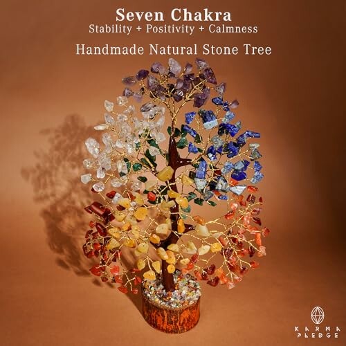 Handmade natural stone tree with seven chakra colors.