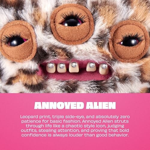 Plush toy with three eyes and text about Annoyed Alien.