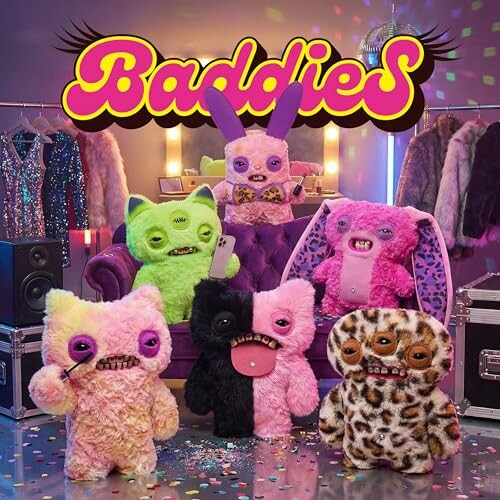 A group of colorful, quirky stuffed toys with unique designs in a vibrant room.