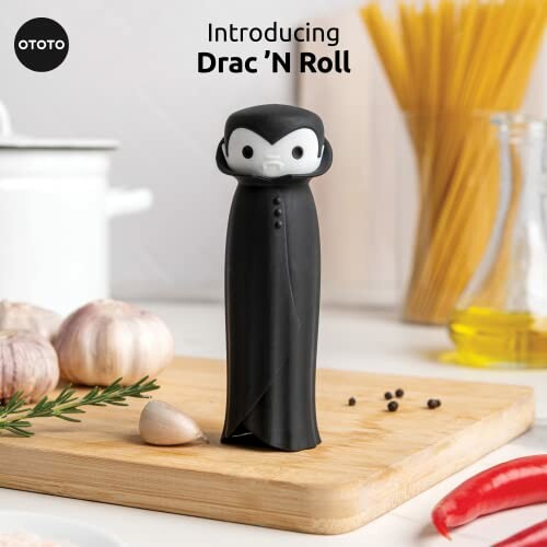 Dracula-themed garlic peeler on a kitchen counter