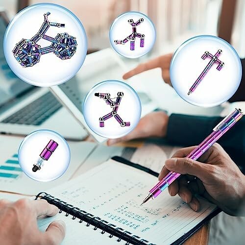 Hands holding a fidget pen with interchangeable parts, featuring various tool configurations in bubbles.