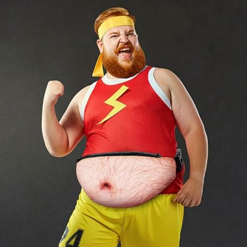 Man in humorous costume with lightning bolt and belly pouch.