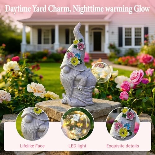 Garden gnome statue with flowers and LED light in front of a house.