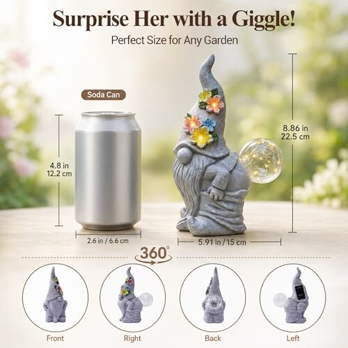 Gnome garden figurine with solar light compared to soda can for size.