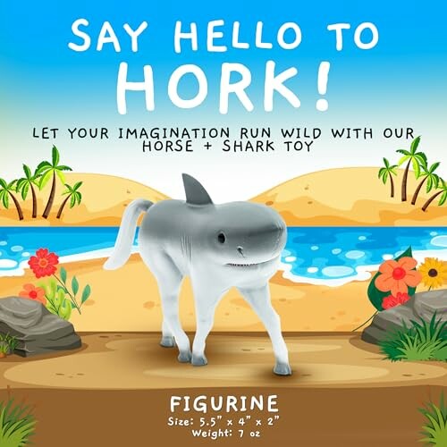 Ad for a horse and shark toy figurine on a beach