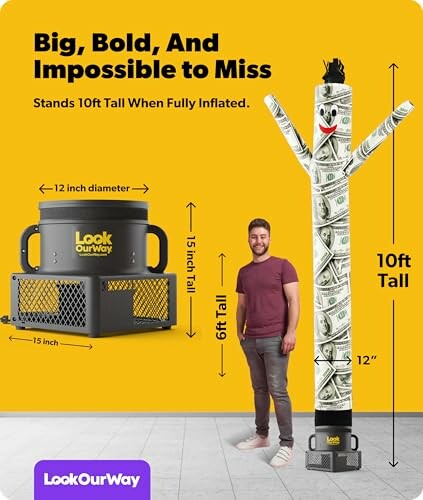 Inflatable advertising tube with man and blower for scale