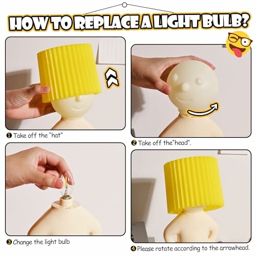 Step-by-step guide on how to replace a light bulb using a humorous cartoon.