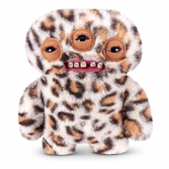 Furry plush toy with three eyes and teeth.