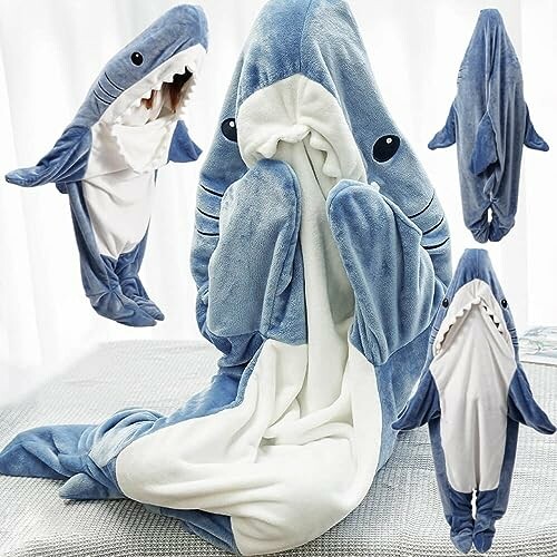 Plush shark-shaped blanket with person inside