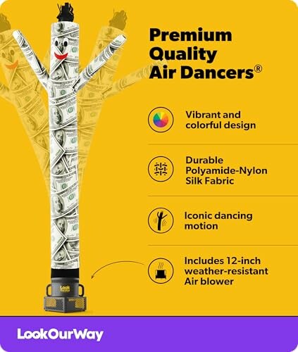 Inflatable air dancer with money design and product features.