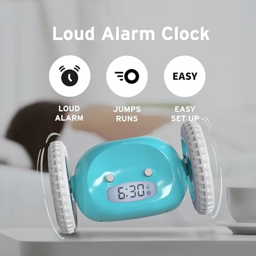 Rolling alarm clock with features: loud alarm, jumps and runs, easy setup.