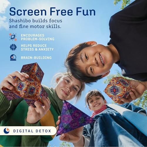 Children enjoying Shashibo toys outdoors with benefits listed.