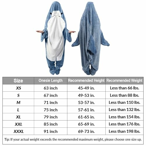 Shark onesie size chart with size, length, height, and weight recommendations.