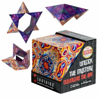 Shashibo magnetic puzzle cube with geometric shapes.