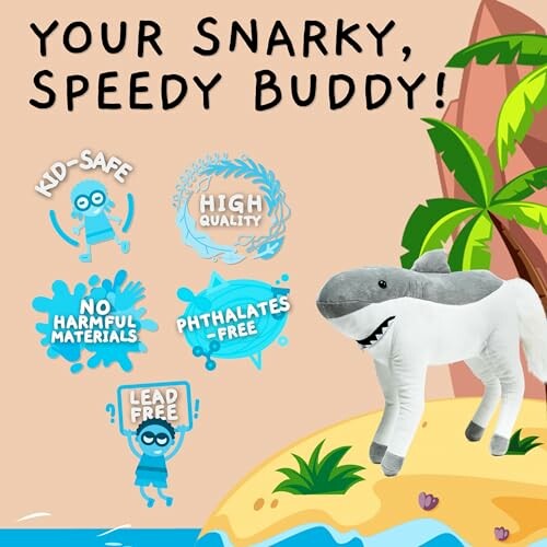 Shark plush toy on beach with safety icons and text.